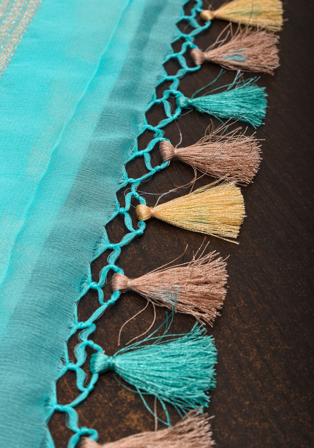 Cyan Pure Georgette Silk Banarasi Saree with Rose Jaal Weave in Silver Tone Zari | SILK MARK CERTIFIED