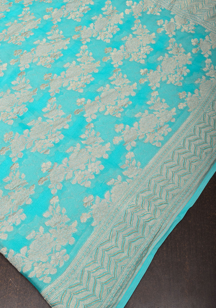 Cyan Pure Georgette Silk Banarasi Saree with Rose Jaal Weave in Silver Tone Zari | SILK MARK CERTIFIED