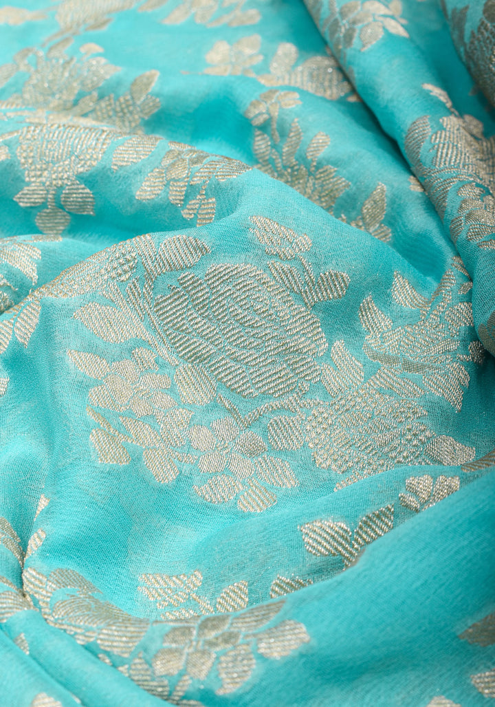 Cyan Pure Georgette Silk Banarasi Saree with Rose Jaal Weave in Silver Tone Zari | SILK MARK CERTIFIED