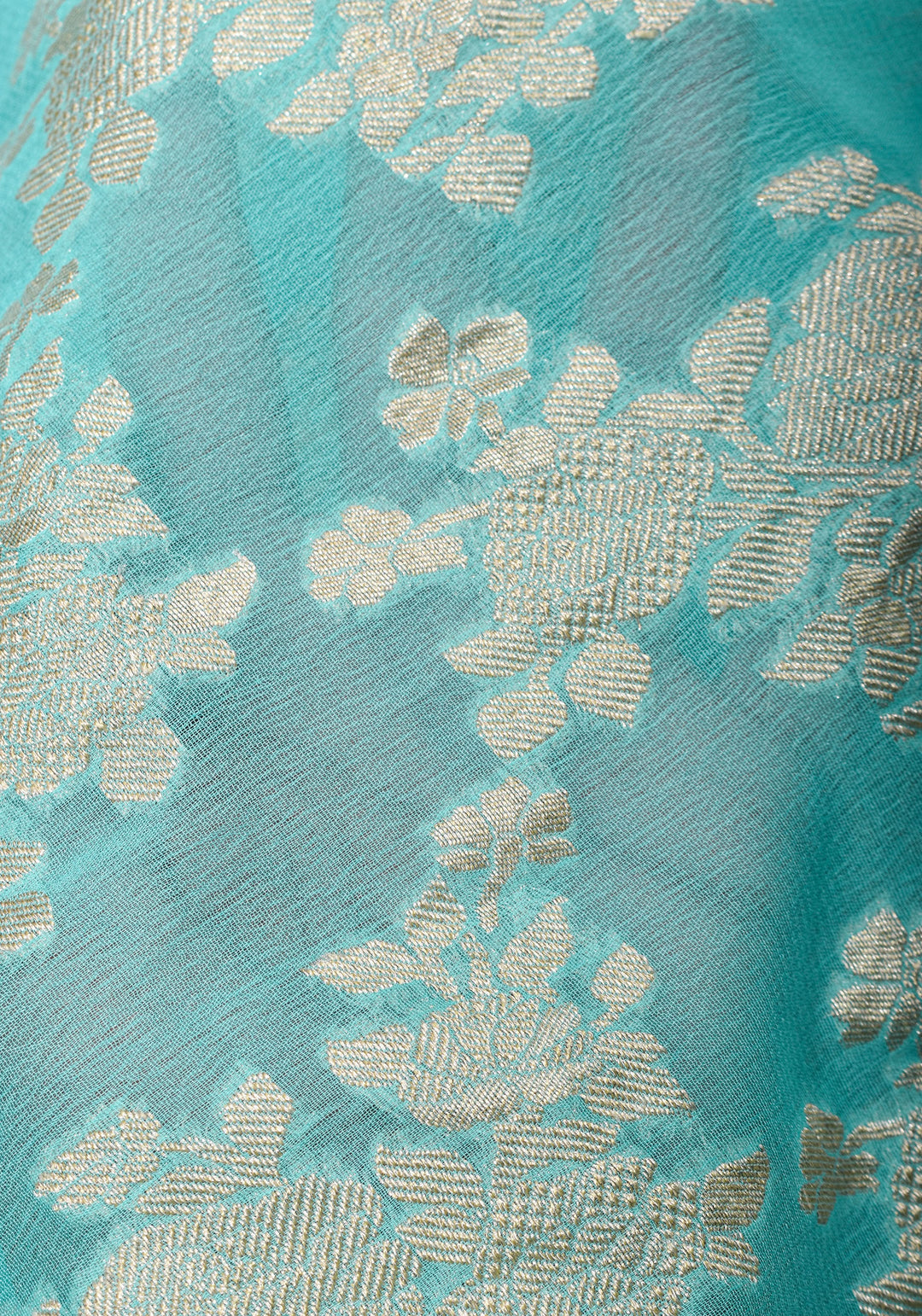 Cyan Pure Georgette Silk Banarasi Saree with Rose Jaal Weave in Silver Tone Zari | SILK MARK CERTIFIED