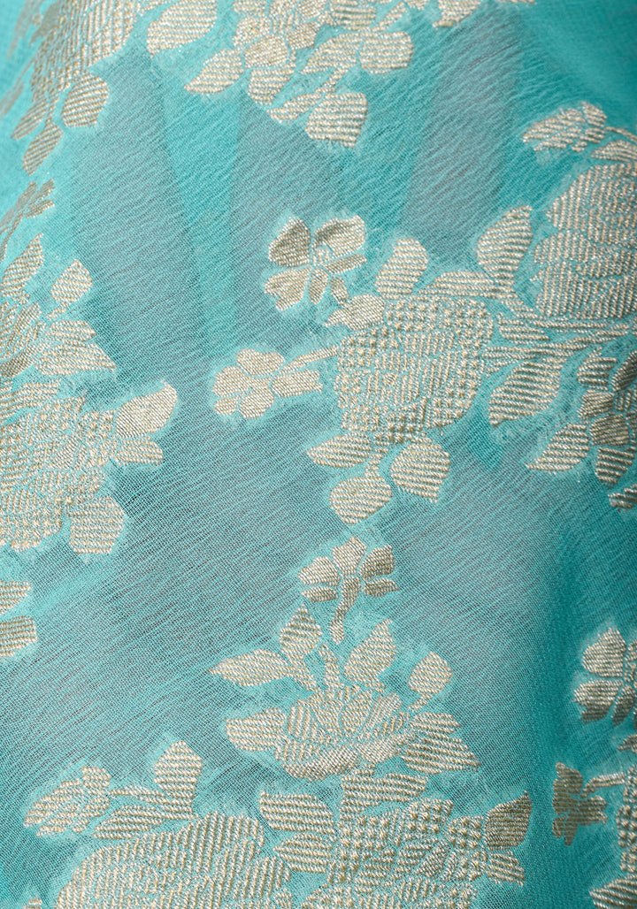 Cyan Pure Georgette Silk Banarasi Saree with Rose Jaal Weave in Silver Tone Zari | SILK MARK CERTIFIED