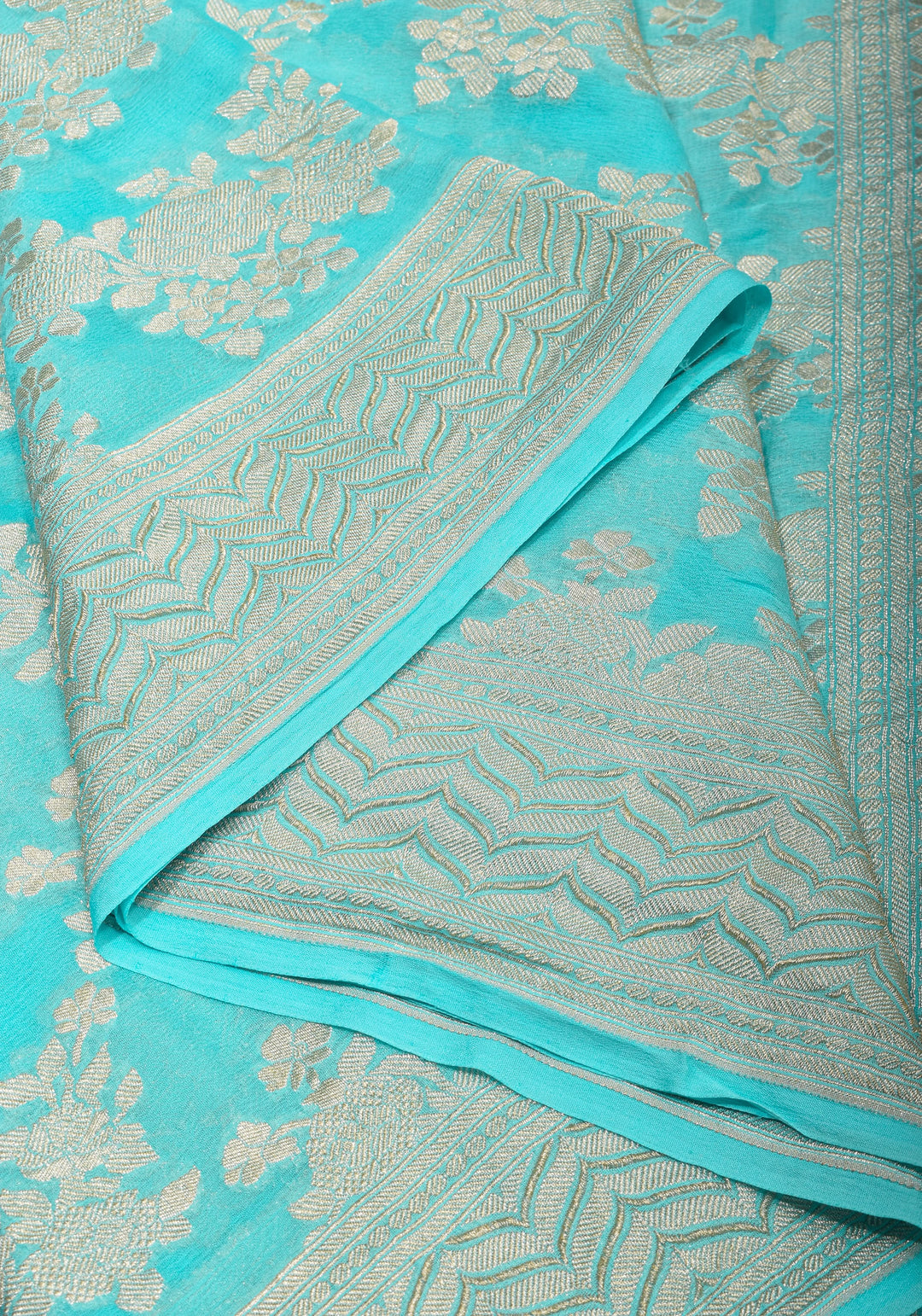 Cyan Pure Georgette Silk Banarasi Saree with Rose Jaal Weave in Silver Tone Zari | SILK MARK CERTIFIED