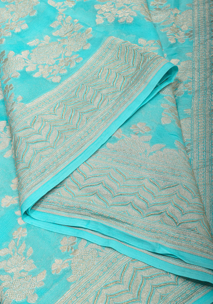 Cyan Pure Georgette Silk Banarasi Saree with Rose Jaal Weave in Silver Tone Zari | SILK MARK CERTIFIED