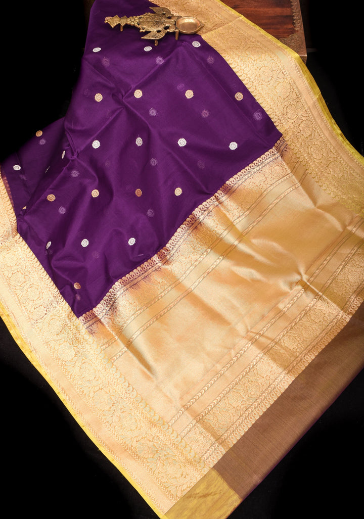 Dark Purple Tone Gorgeous Pure Banarasi Kora Silk Saree with Sona Rupa Floral Buttas  | SILK MARK CERTIFIED