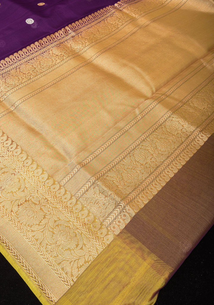 Dark Purple Tone Gorgeous Pure Banarasi Kora Silk Saree with Sona Rupa Floral Buttas  | SILK MARK CERTIFIED