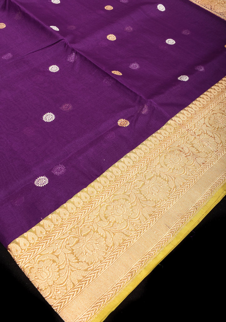 Dark Purple Tone Gorgeous Pure Banarasi Kora Silk Saree with Sona Rupa Floral Buttas  | SILK MARK CERTIFIED
