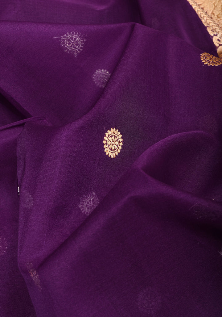 Dark Purple Tone Gorgeous Pure Banarasi Kora Silk Saree with Sona Rupa Floral Buttas  | SILK MARK CERTIFIED