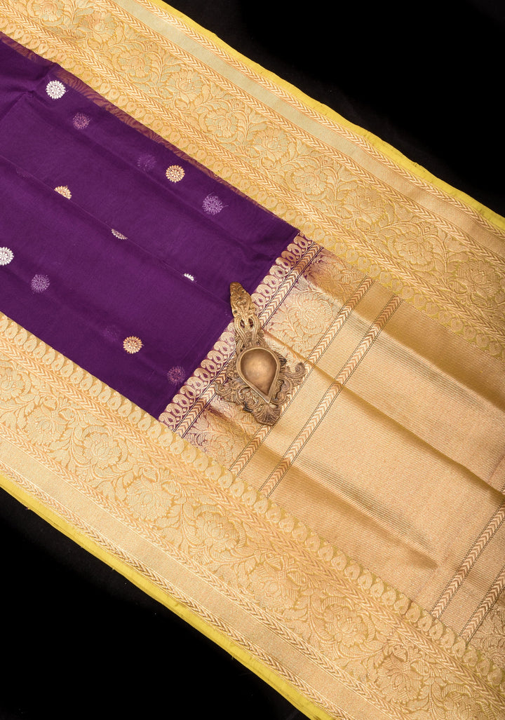 Dark Purple Tone Gorgeous Pure Banarasi Kora Silk Saree with Sona Rupa Floral Buttas  | SILK MARK CERTIFIED