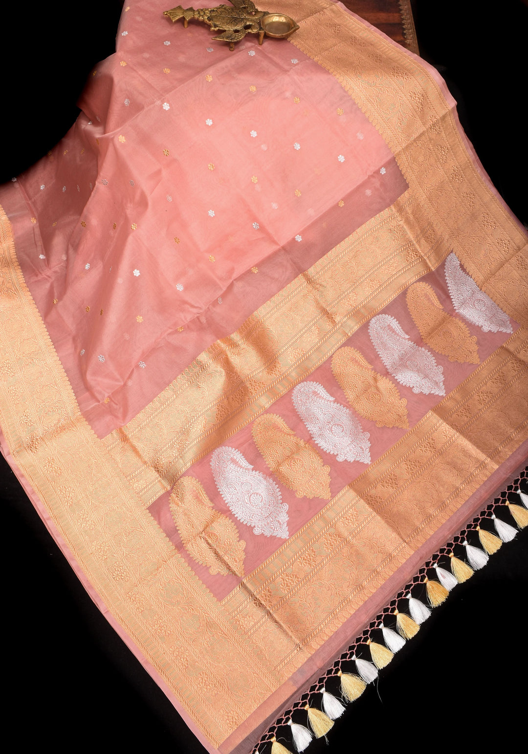 Dusty Rose Pure Banarasi Kora Silk Saree with Chunri Buttas and Paisley Grand Pallu | SILK MARK CERTIFIED