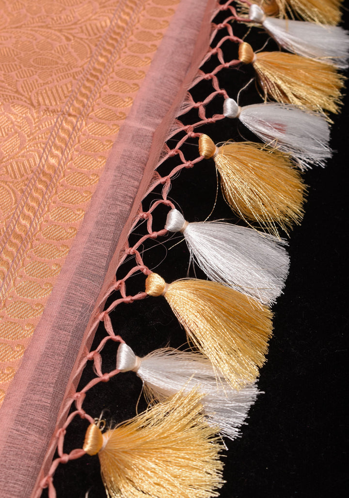 Dusty Rose Pure Banarasi Kora Silk Saree with Chunri Buttas and Paisley Grand Pallu | SILK MARK CERTIFIED