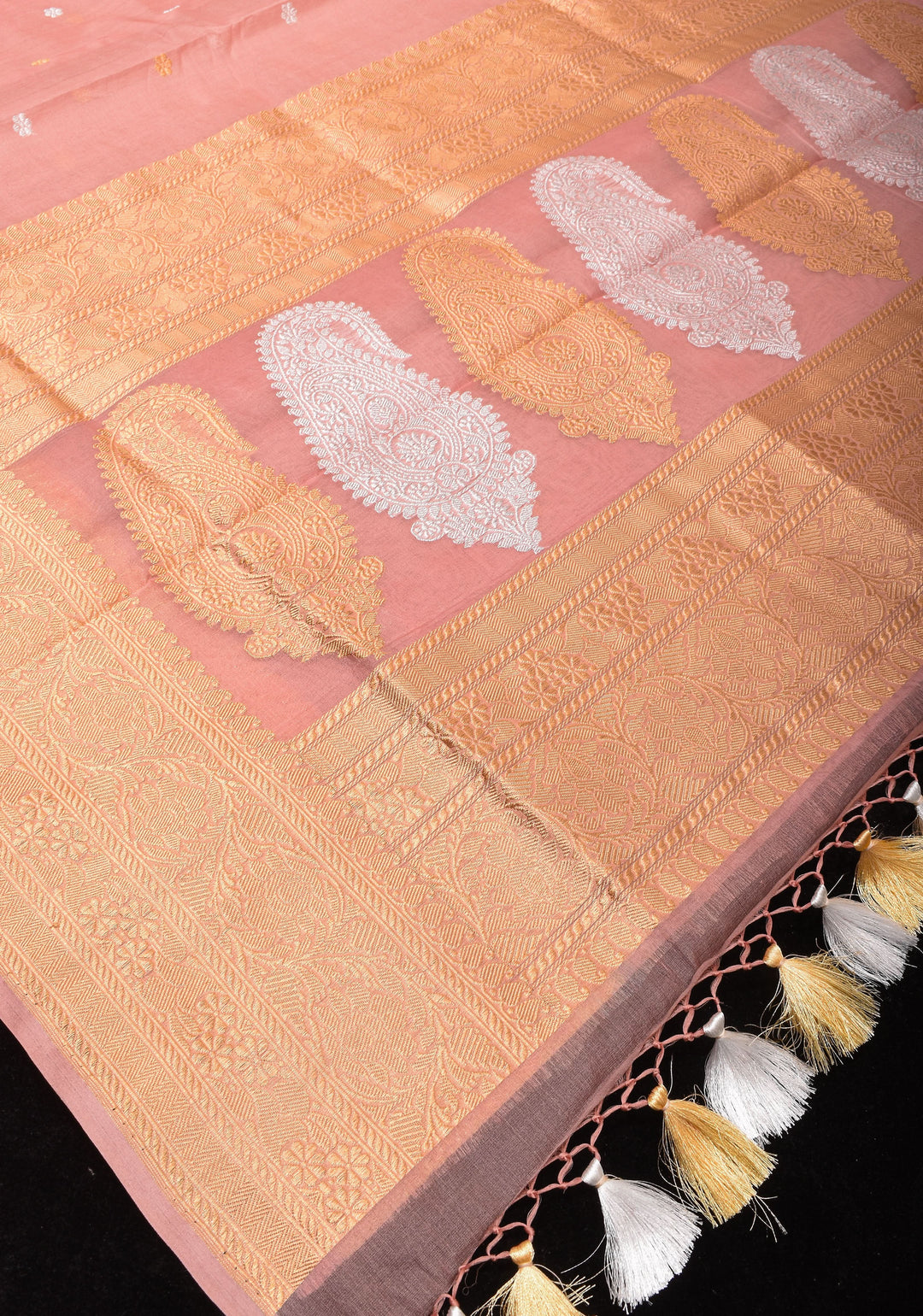 Dusty Rose Pure Banarasi Kora Silk Saree with Chunri Buttas and Paisley Grand Pallu | SILK MARK CERTIFIED