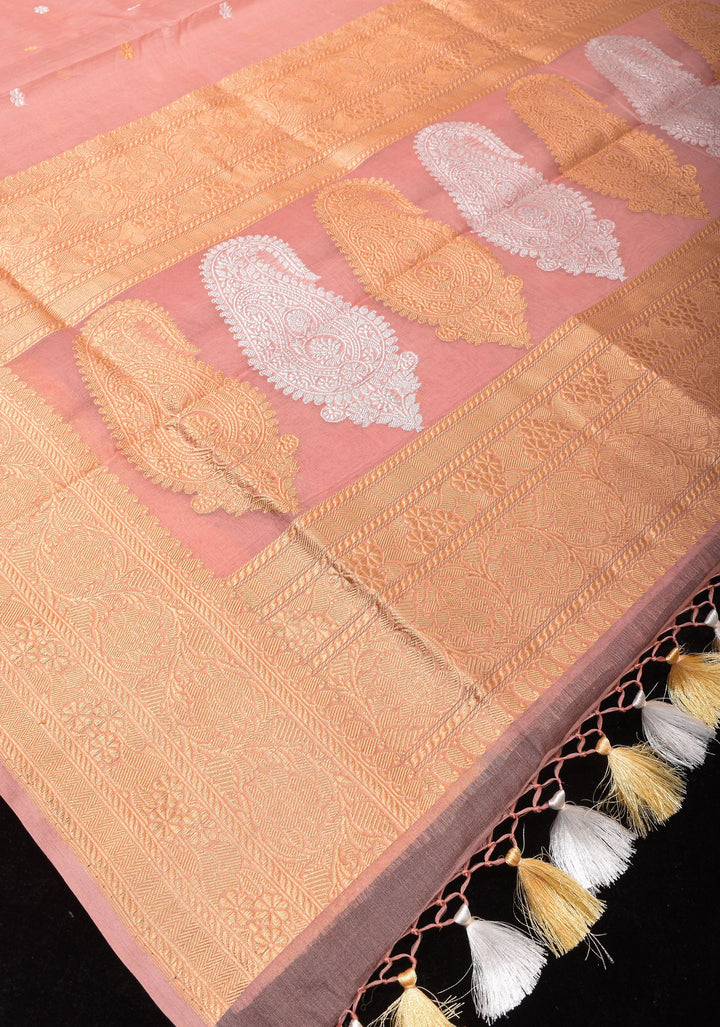 Dusty Rose Pure Banarasi Kora Silk Saree with Chunri Buttas and Paisley Grand Pallu | SILK MARK CERTIFIED