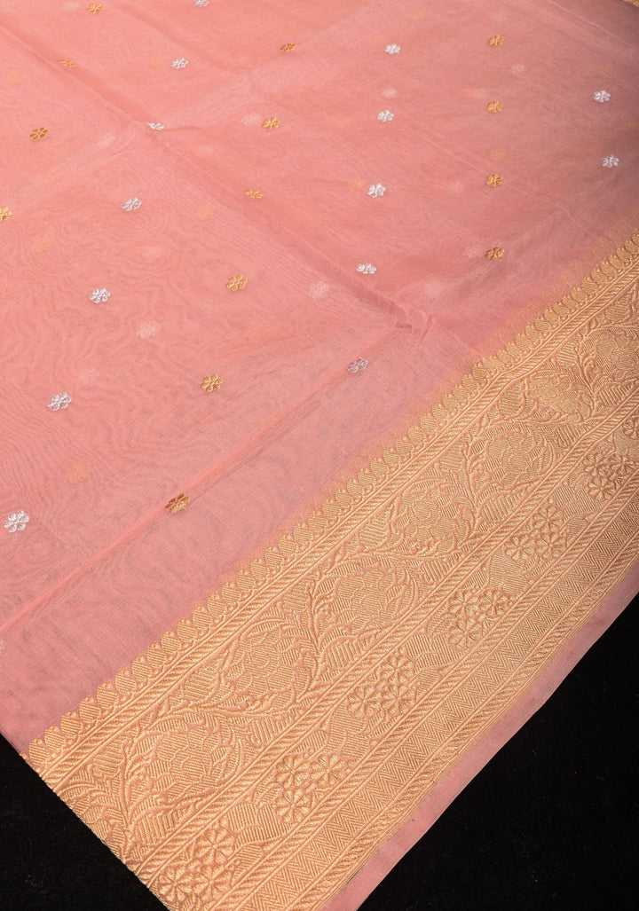 Dusty Rose Pure Banarasi Kora Silk Saree with Chunri Buttas and Paisley Grand Pallu | SILK MARK CERTIFIED