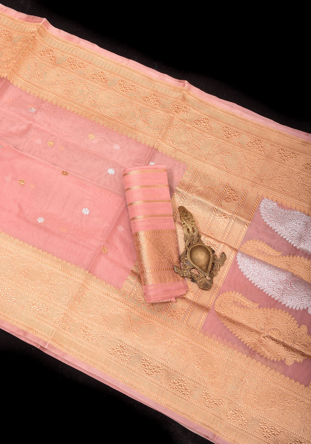 Dusty Rose Pure Banarasi Kora Silk Saree with Chunri Buttas and Paisley Grand Pallu | SILK MARK CERTIFIED
