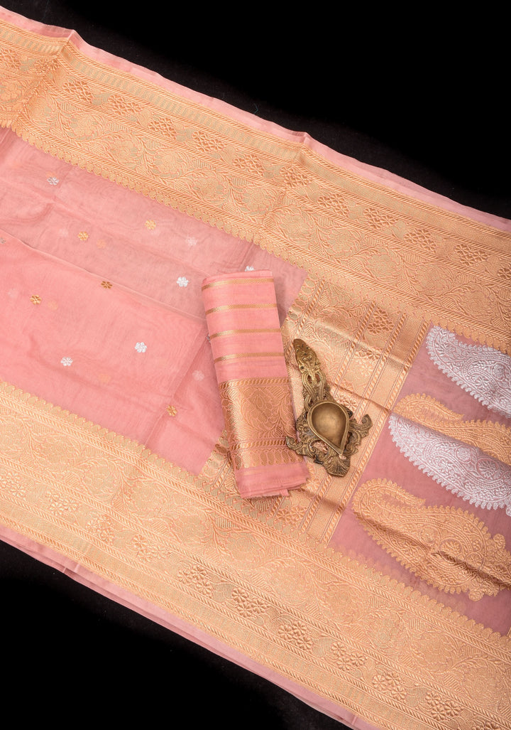 Dusty Rose Pure Banarasi Kora Silk Saree with Chunri Buttas and Paisley Grand Pallu | SILK MARK CERTIFIED