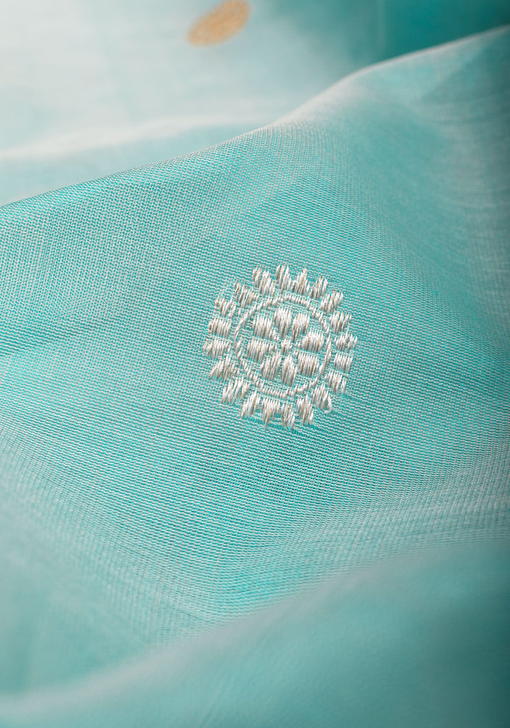 Sky Blue Pure Banarasi Kora Silk Saree Adorned with Sona Rupa Coin Buttas | SILK MARK CERTIFIED