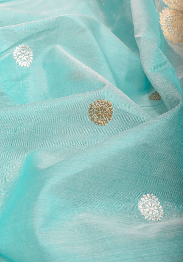 Sky Blue Pure Banarasi Kora Silk Saree Adorned with Sona Rupa Coin Buttas | SILK MARK CERTIFIED