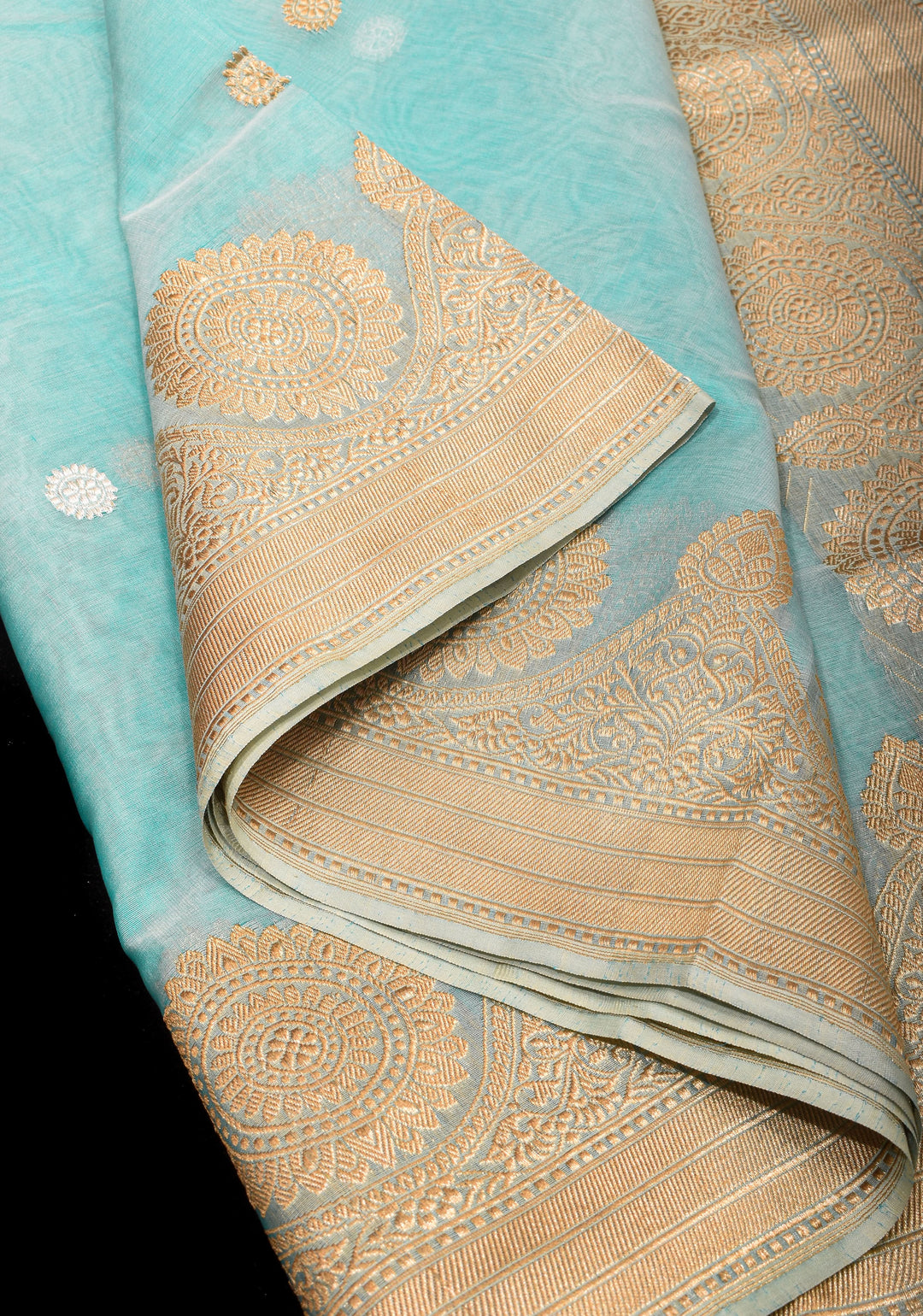 Sky Blue Pure Banarasi Kora Silk Saree Adorned with Sona Rupa Coin Buttas | SILK MARK CERTIFIED