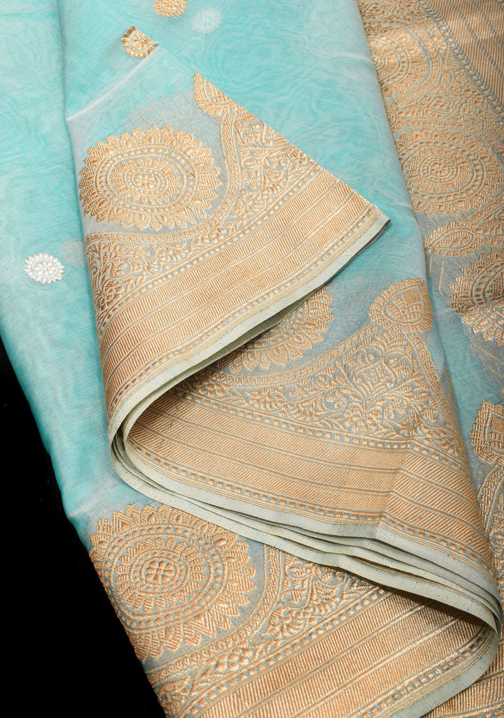 Sky Blue Pure Banarasi Kora Silk Saree Adorned with Sona Rupa Coin Buttas | SILK MARK CERTIFIED