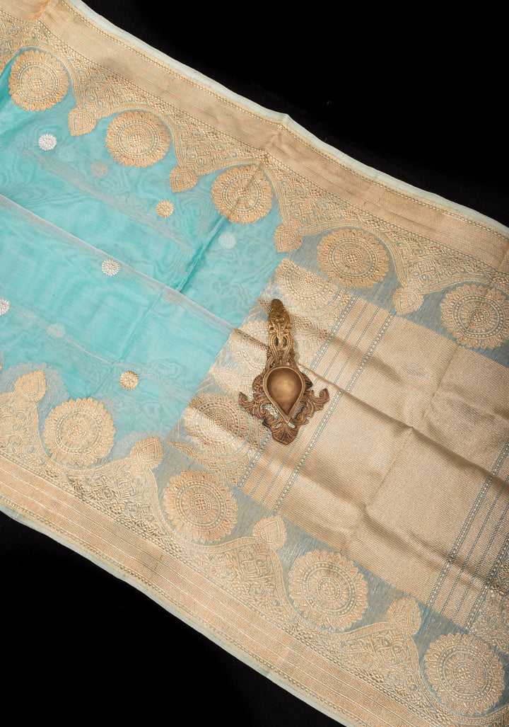 Sky Blue Pure Banarasi Kora Silk Saree Adorned with Sona Rupa Coin Buttas | SILK MARK CERTIFIED