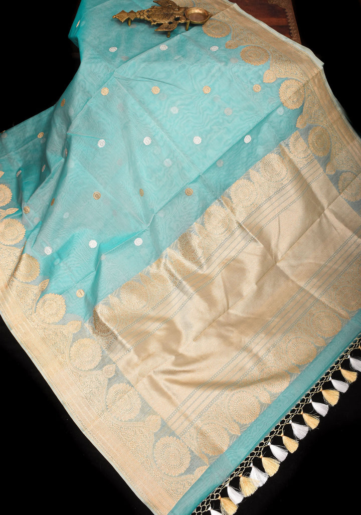 Sky Blue Pure Banarasi Kora Silk Saree Adorned with Sona Rupa Coin Buttas | SILK MARK CERTIFIED