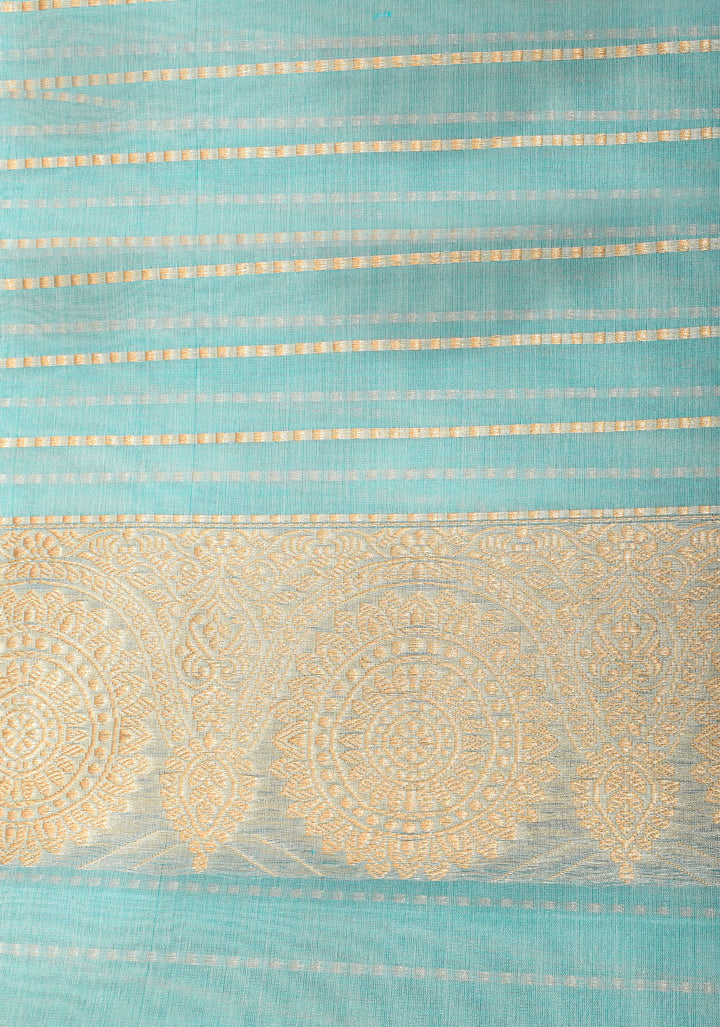 Sky Blue Pure Banarasi Kora Silk Saree Adorned with Sona Rupa Coin Buttas | SILK MARK CERTIFIED
