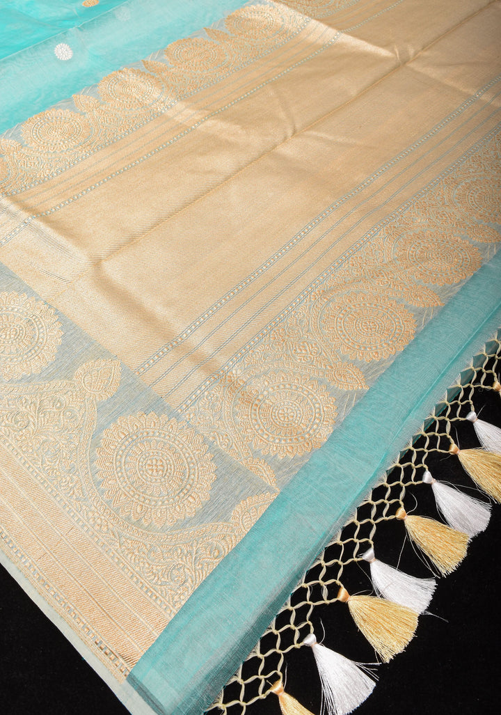 Sky Blue Pure Banarasi Kora Silk Saree Adorned with Sona Rupa Coin Buttas | SILK MARK CERTIFIED