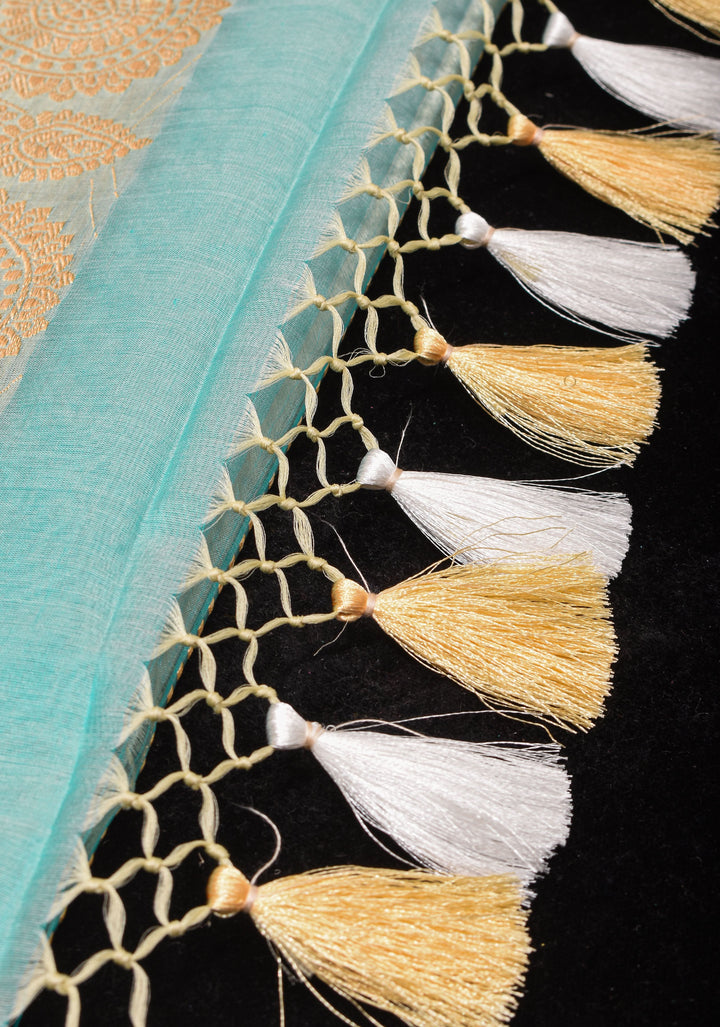 Sky Blue Pure Banarasi Kora Silk Saree Adorned with Sona Rupa Coin Buttas | SILK MARK CERTIFIED