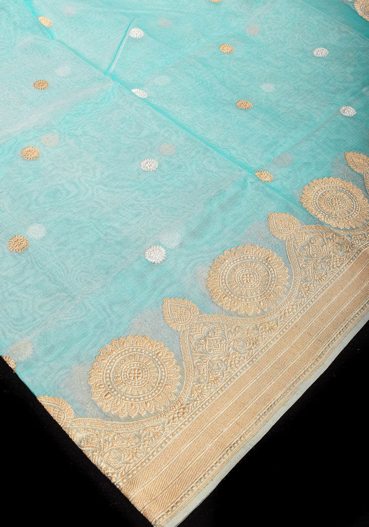 Sky Blue Pure Banarasi Kora Silk Saree Adorned with Sona Rupa Coin Buttas | SILK MARK CERTIFIED