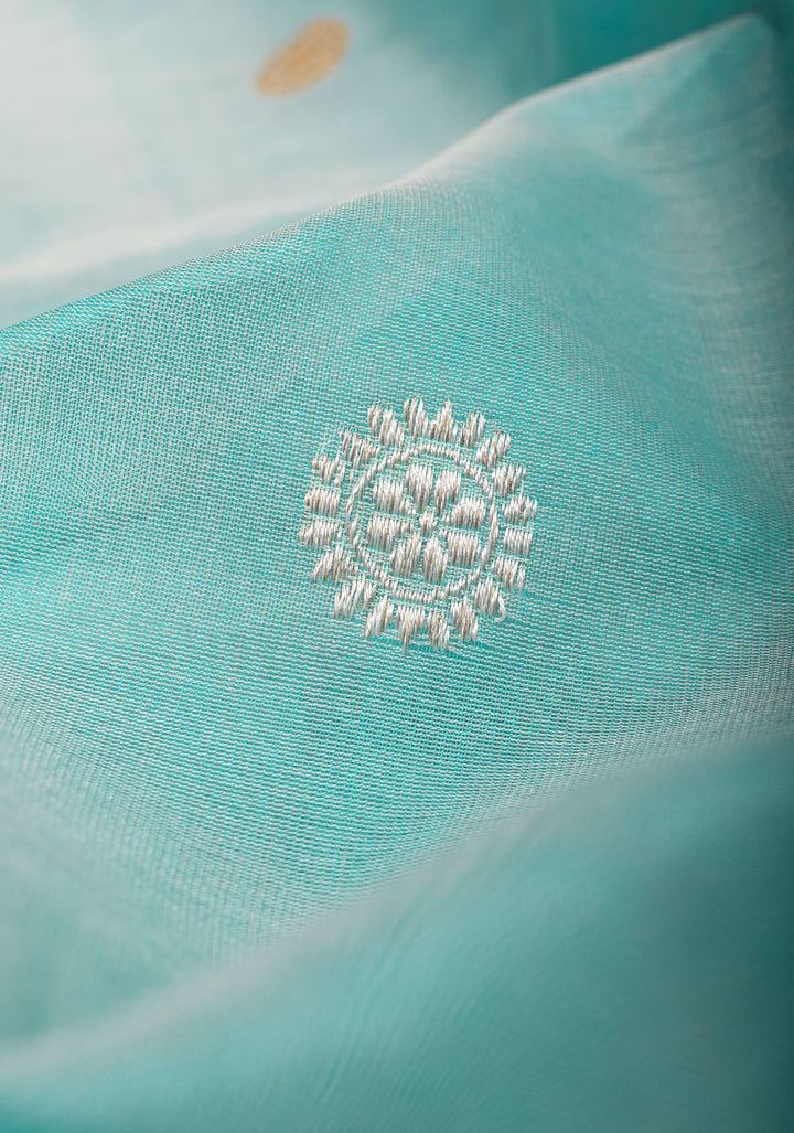 Sky Blue Pure Banarasi Kora Silk Saree Adorned with Sona Rupa Coin Buttas | SILK MARK CERTIFIED