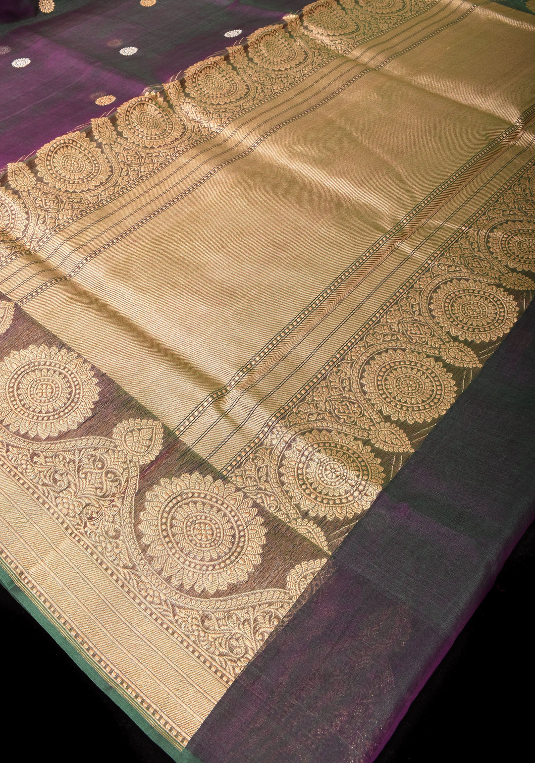 Green Purple Dual Tone Pure Banarasi Kora Silk Saree with Sona Rupa Buttas and Zari Border | SILK MARK CERTIFIED