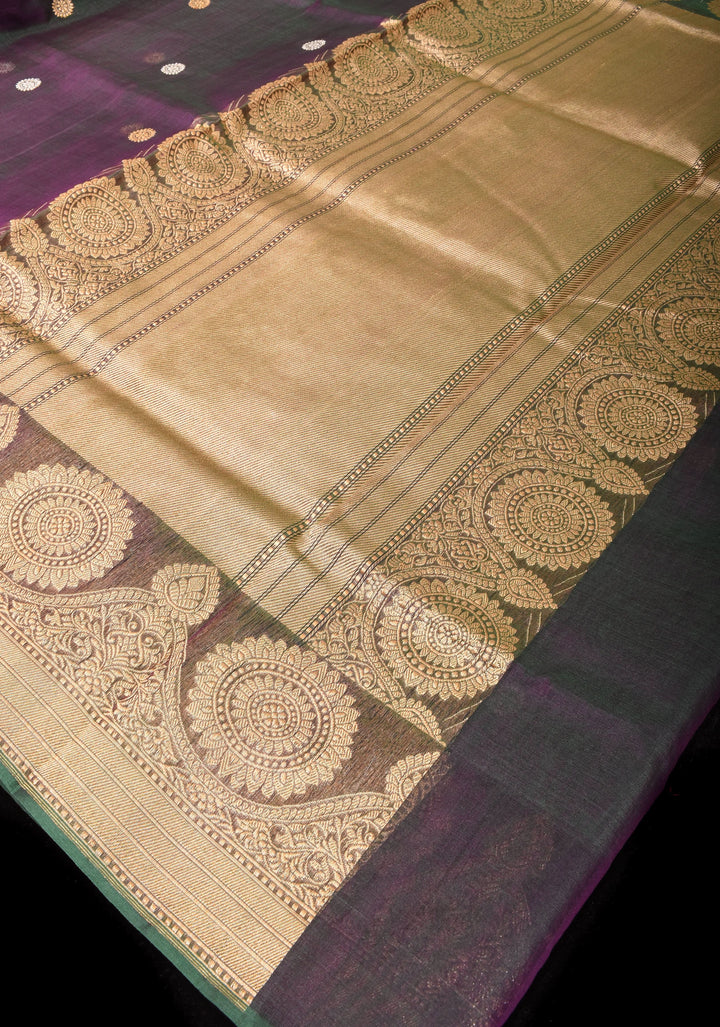 Green Purple Dual Tone Pure Banarasi Kora Silk Saree with Sona Rupa Buttas and Zari Border | SILK MARK CERTIFIED