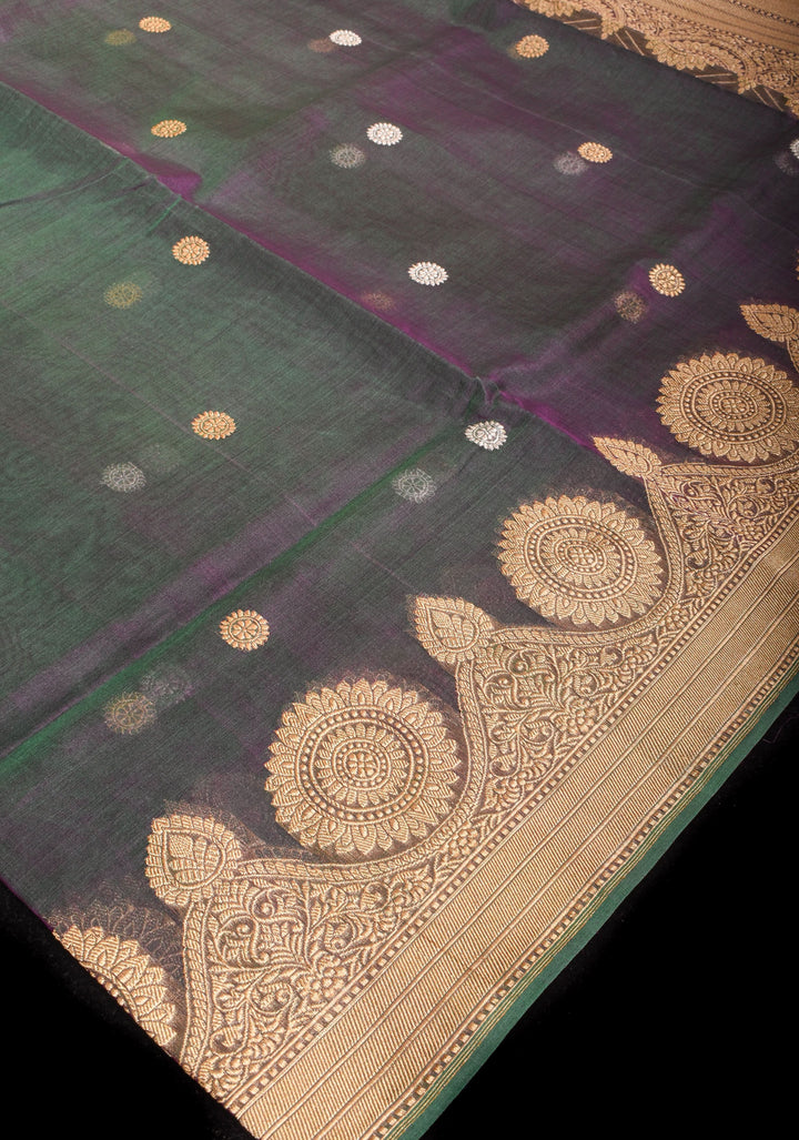 Green Purple Dual Tone Pure Banarasi Kora Silk Saree with Sona Rupa Buttas and Zari Border | SILK MARK CERTIFIED