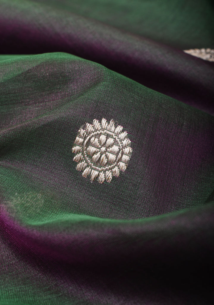 Green Purple Dual Tone Pure Banarasi Kora Silk Saree with Sona Rupa Buttas and Zari Border | SILK MARK CERTIFIED