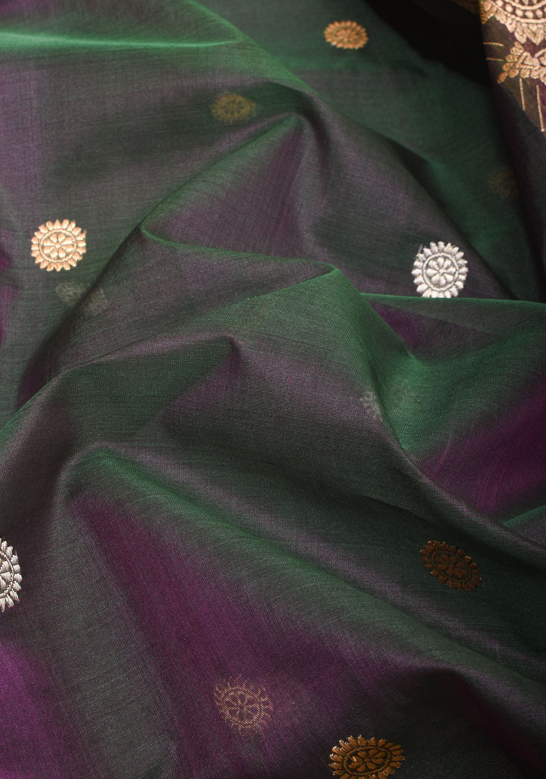 Green Purple Dual Tone Pure Banarasi Kora Silk Saree with Sona Rupa Buttas and Zari Border | SILK MARK CERTIFIED