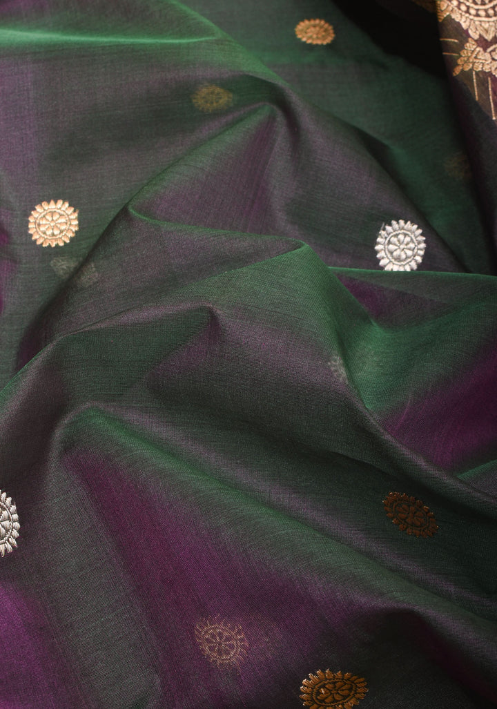 Green Purple Dual Tone Pure Banarasi Kora Silk Saree with Sona Rupa Buttas and Zari Border | SILK MARK CERTIFIED