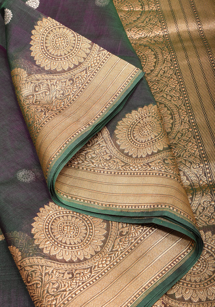 Green Purple Dual Tone Pure Banarasi Kora Silk Saree with Sona Rupa Buttas and Zari Border | SILK MARK CERTIFIED