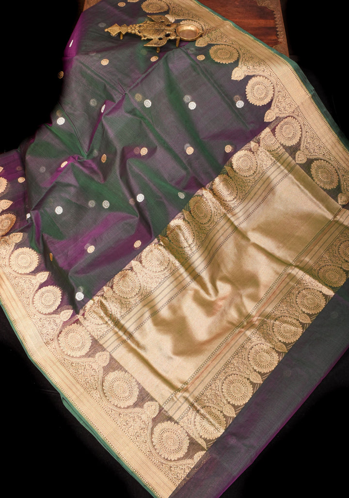 Green Purple Dual Tone Pure Banarasi Kora Silk Saree with Sona Rupa Buttas and Zari Border | SILK MARK CERTIFIED