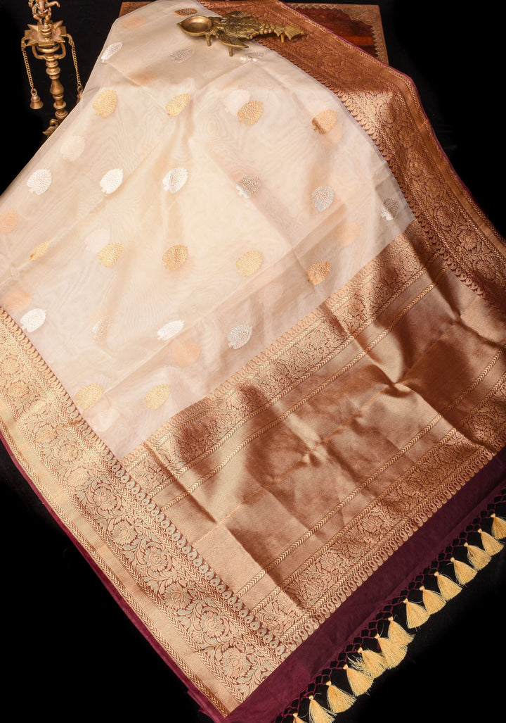 Ivory and Brown Pure Gorgeous Banarasi Kora Silk Saree with Sona Rupa Kadhuwa motifs | SILK MARK CERTIFIED