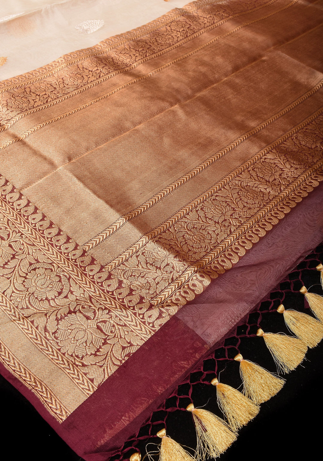 Ivory and Brown Pure Gorgeous Banarasi Kora Silk Saree with Sona Rupa Kadhuwa motifs | SILK MARK CERTIFIED