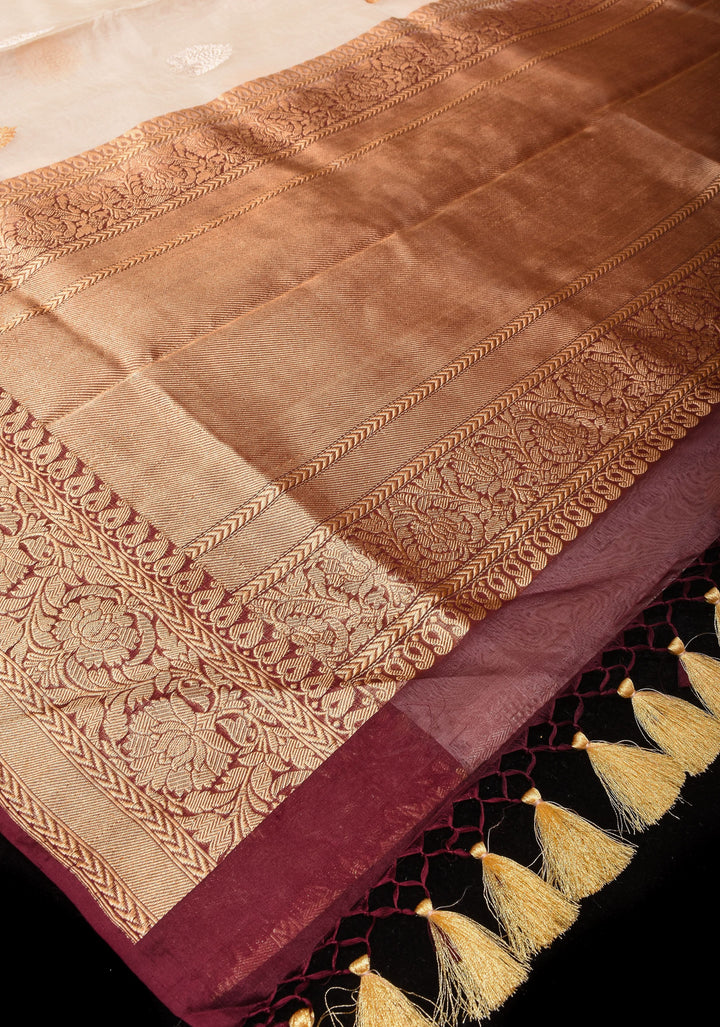 Ivory and Brown Pure Gorgeous Banarasi Kora Silk Saree with Sona Rupa Kadhuwa motifs | SILK MARK CERTIFIED