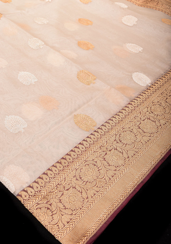 Ivory and Brown Pure Gorgeous Banarasi Kora Silk Saree with Sona Rupa Kadhuwa motifs | SILK MARK CERTIFIED