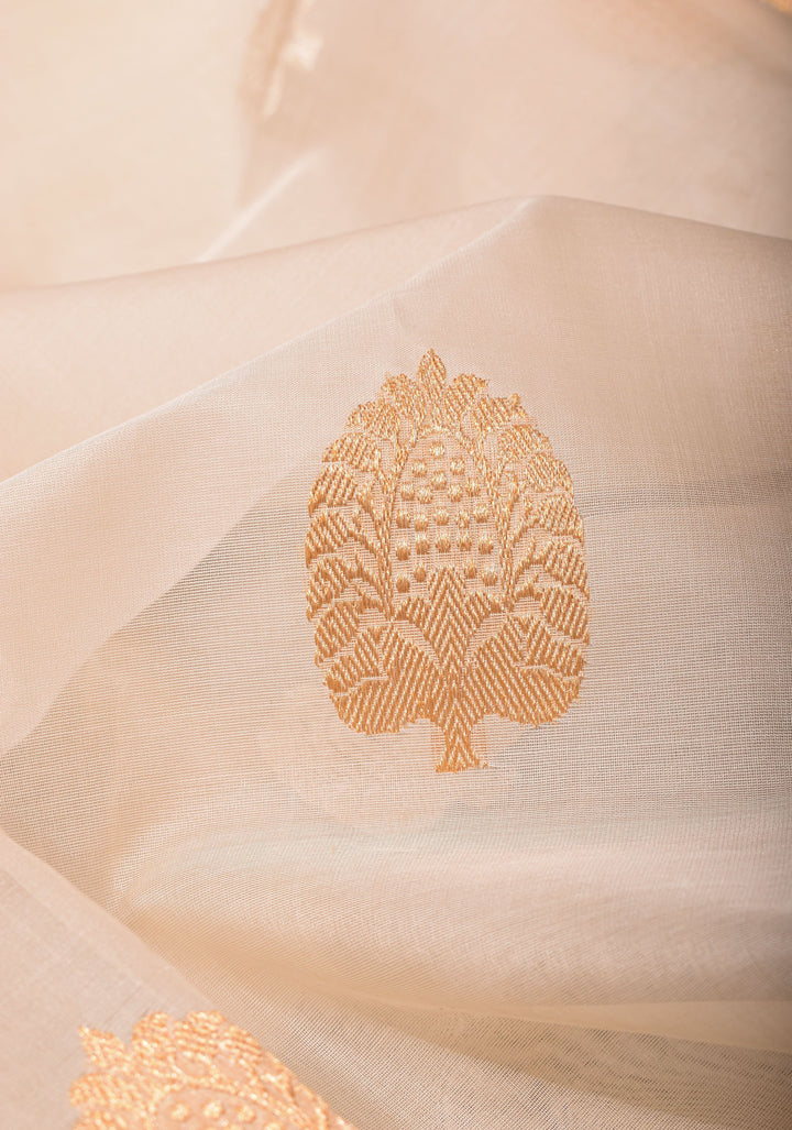 Ivory and Brown Pure Gorgeous Banarasi Kora Silk Saree with Sona Rupa Kadhuwa motifs | SILK MARK CERTIFIED