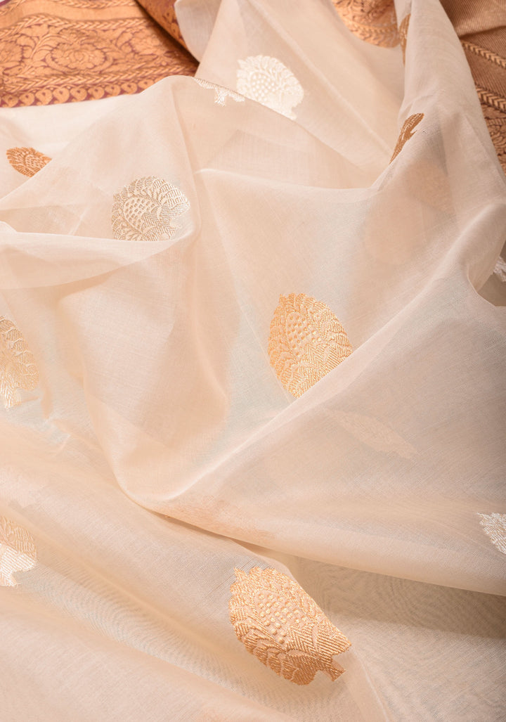 Ivory and Brown Pure Gorgeous Banarasi Kora Silk Saree with Sona Rupa Kadhuwa motifs | SILK MARK CERTIFIED