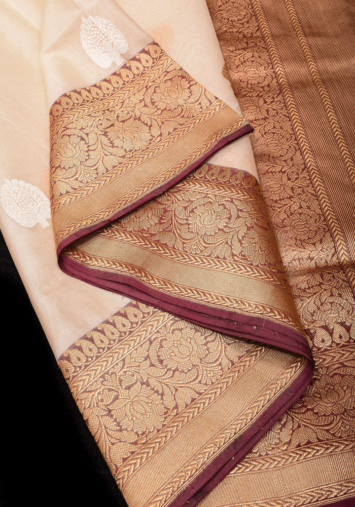 Ivory and Brown Pure Gorgeous Banarasi Kora Silk Saree with Sona Rupa Kadhuwa motifs | SILK MARK CERTIFIED