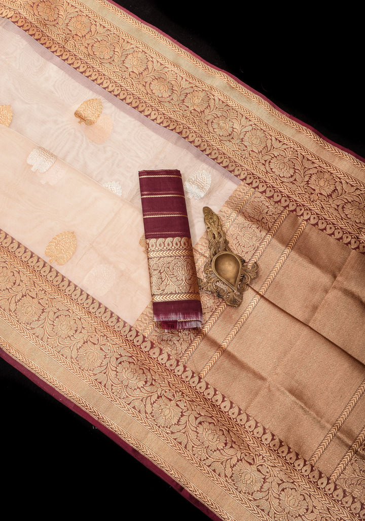 Ivory and Brown Pure Gorgeous Banarasi Kora Silk Saree with Sona Rupa Kadhuwa motifs | SILK MARK CERTIFIED