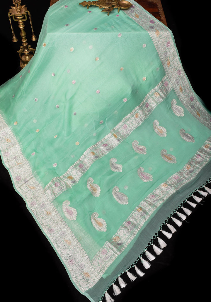 Pure Silk Chiffon Saree in Green with Hand Brush Dye Silver Tone Zari Buttas & Zari Border | SILK MARK CERTIFIED