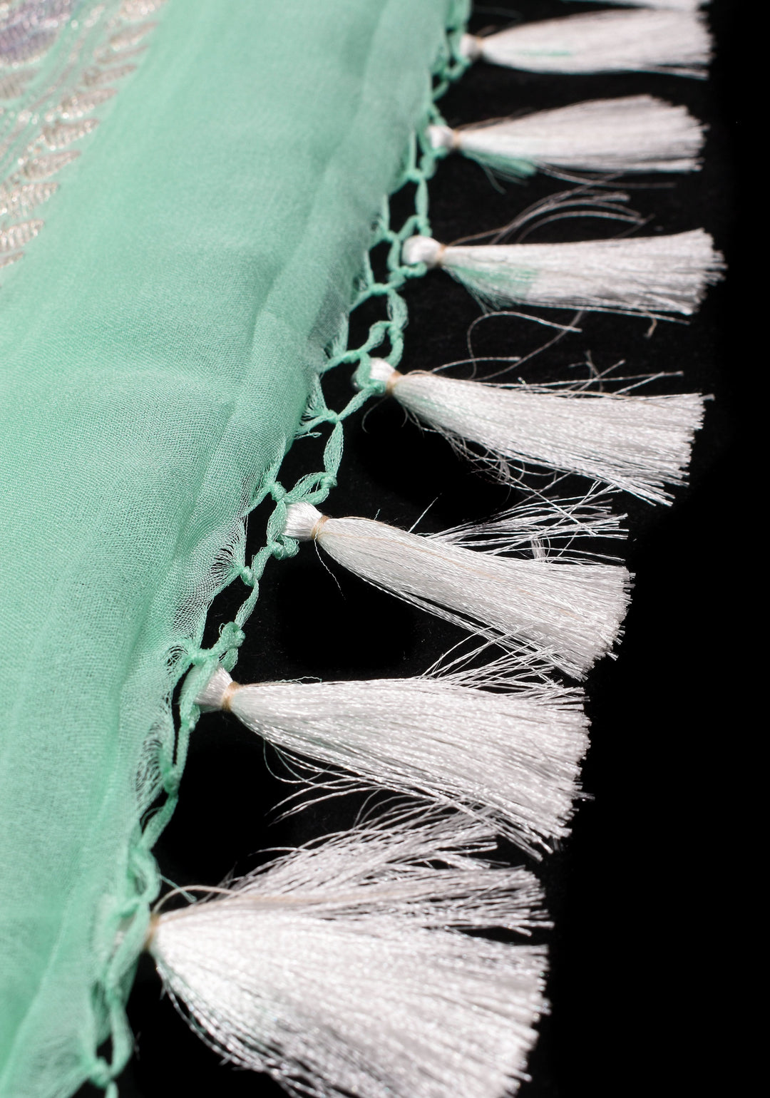 Pure Silk Chiffon Saree in Green with Hand Brush Dye Silver Tone Zari Buttas & Zari Border | SILK MARK CERTIFIED