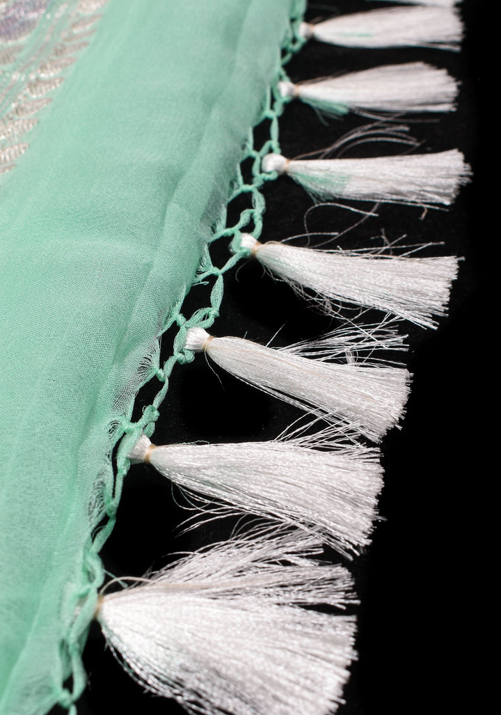 Pure Silk Chiffon Saree in Green with Hand Brush Dye Silver Tone Zari Buttas & Zari Border | SILK MARK CERTIFIED