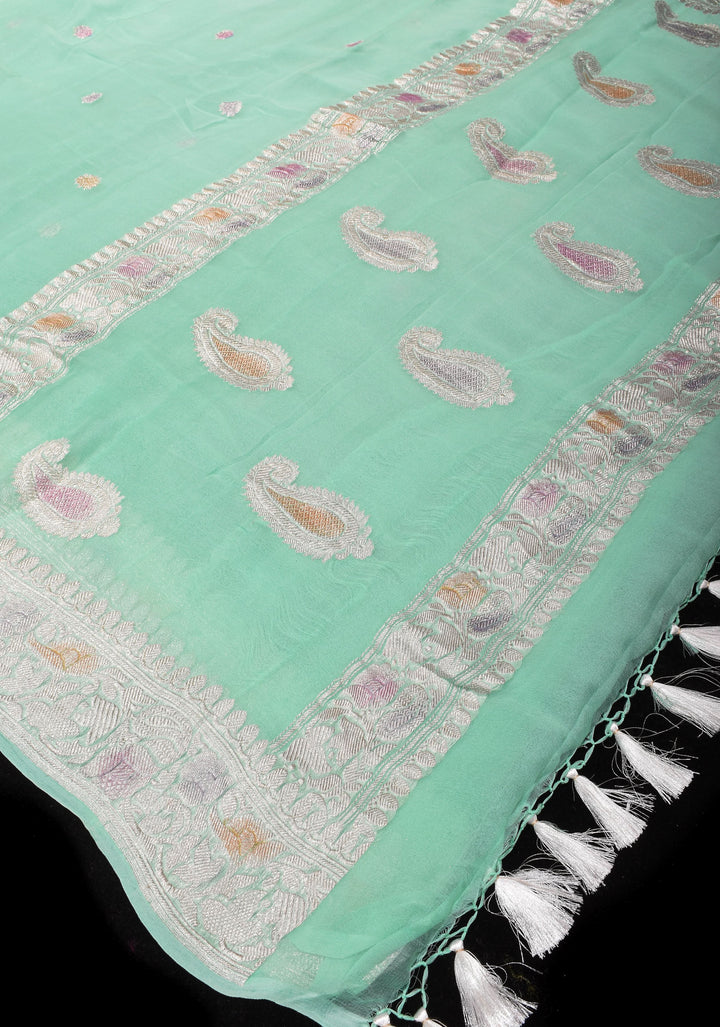 Pure Silk Chiffon Saree in Green with Hand Brush Dye Silver Tone Zari Buttas & Zari Border | SILK MARK CERTIFIED